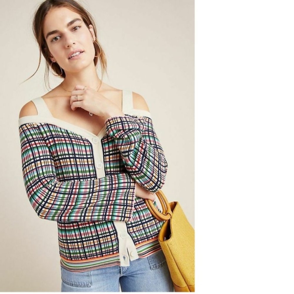 Anthropologie Krissy Plaid Cold-Shoulder Cardigan